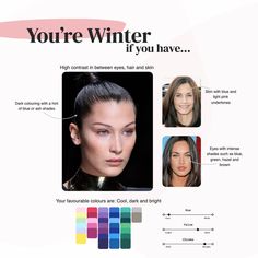 Cold Winter Colour Palette, Winter Color Season Makeup, Winter Skin Tone Hair Color, Hair Color For Deep Winter Skin Tone, Cool Winter Skin Tone, True Winter Colors, Cold Winter Palette, Hair Color For Winter Skin Tone, Color Me Beautiful Winter