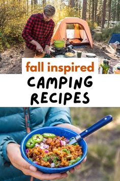 a man holding a blue bowl filled with food next to a tent and camping stove