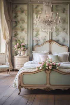 a bedroom with floral wallpaper and chandelier above the bed is decorated in pastel colors