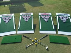 three different types of golf practice equipment on the grass