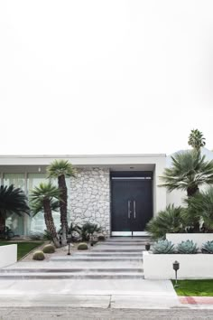 a modern home with palm trees and landscaping in front of the entrance to the house