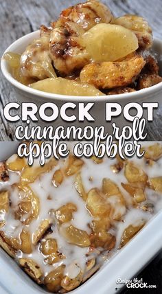 the crock pot cinnamon roll apple cobbler is ready to be eaten and served