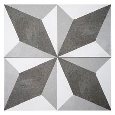 three square tiles in grey and white with an abstract design on the top one has four diagonals