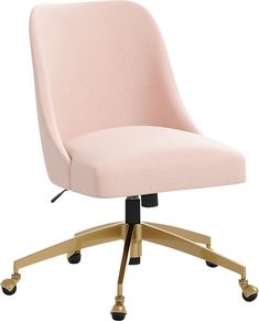 a pink office chair sitting on top of a metal base with wheels and casteors