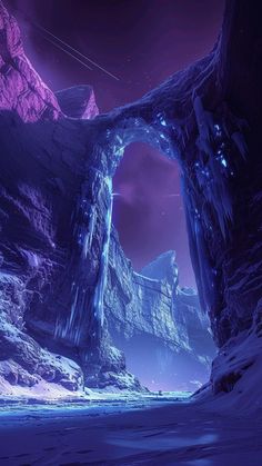 an alien landscape with mountains, rocks and a cave in the middle is lit up at night