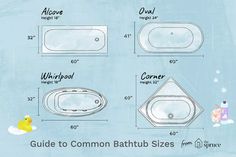 the bathtub size guide is shown in three different ways