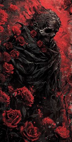 a painting of a skeleton surrounded by red roses