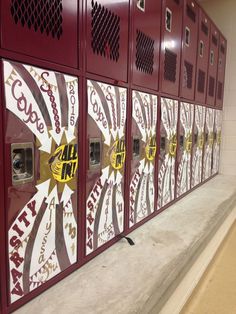 a red locker with yellow stickers on it