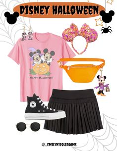 a pink shirt and black skirt with mickey mouse ears on it, an orange fanny bag,