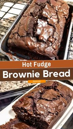 chocolate fudge brownie bread on a cooling rack with the text hot fudge brownie bread