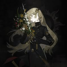 an anime character with long white hair holding flowers