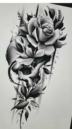 a black and white drawing of a skull with roses on it's side,