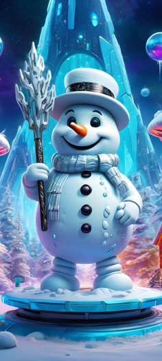 a snowman with a hat and scarf holding a stick in front of an icy landscape