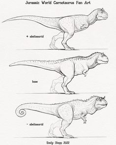 three different types of dinosaurs in black and white