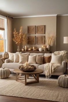 Light And Neutral Living Room, Neutral Wooden Living Room, White And Caramel Living Room, Cream And Natural Wood Living Room, Beige Living Room Ideas Cozy, Clay Color Living Room, Earthy Tone Decor, Beige Wood Furniture, Taupe Decorating Ideas