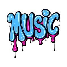 the word music is painted in blue, pink and white colors with dripping paint on it