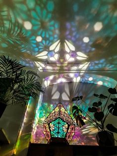 the ceiling is covered with colorful lights and plants