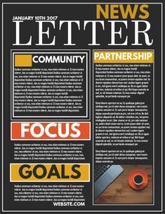 a black and yellow newspaper cover with the words news letter community, focus on goals