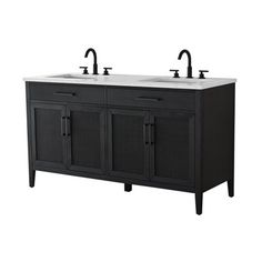 double sink vanity with two black faucets and white marble top in dark wood finish