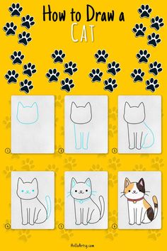 6 steps demonstrating how to draw a cat drawing for kids for kids. How To Draw A Cat Easy, How To Draw A Cat, Cat Drawing For Kids, A Cat Drawing, Cat Drawing For Kid, Beginner Drawing Lessons, Simple Cat Drawing