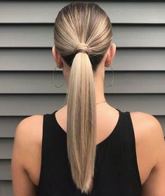 Formal Ponytail Hairstyles Straight, Straight Blonde Hair Ponytail, Pony Tailed Hairstyle Straight Hair, Slick Back Low Ponytail Prom, Professional Low Ponytail, Prom Slicked Back Hair Ponytail, Low Tail Hairstyles, Slick Back Straight Ponytail, Straight Bridesmaid Hair