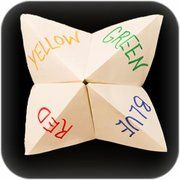 three origami dices with the words yellow, green, red and blue written on them