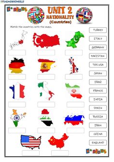 the countries and their flags are shown in this worksheet for kids to learn