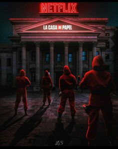 the netflix poster for la casa de papel is shown in front of a building