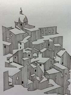 a black and white drawing of buildings with a person standing on top of one building