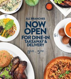 a table with plates of food on it and the words now open for dine - in takeaway & delivery