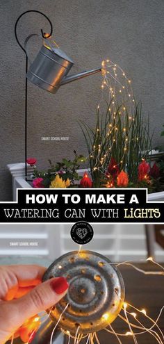 a person pouring water from a watering can into a planter with lights on it