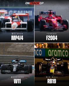 four different race cars on track with the names of each car in front and behind them