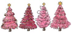 three pink christmas trees with gold stars on their top and bottom, all in different sizes