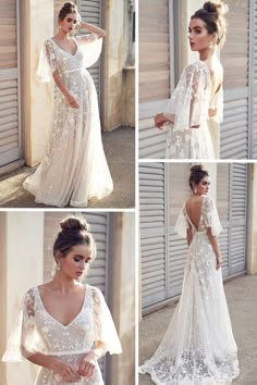 four different pictures of a woman in a wedding dress with long sleeves and an open back