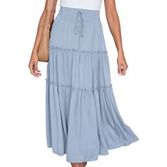 Light Blue Drawstring High Waist A-line Skirt Casual Blue A-line Skirt, Light Blue Lined Skirt For Vacation, Light Blue Casual Ruffled Skirt, Casual Light Blue Ruffled Skirt, Casual A-line Blue Skirt, Blue Solid Color Midi Skirt, Casual Light Blue Lined Maxi Skirt, Blue Gathered Maxi Skirt For Summer, Casual Light Blue Long Maxi Skirt