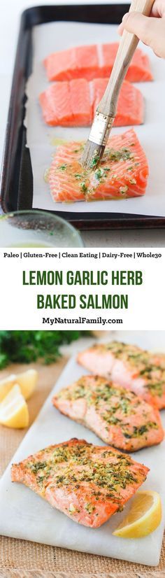 lemon garlic herb baked salmon on a baking sheet