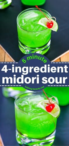 the four ingredient midori sour cocktail is garnished with a cherry