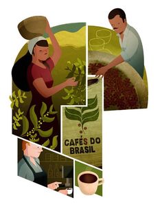 an advertisement for cafe do brasil is shown in the shape of a collage with images of people and plants