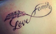 a tattoo with the word love written in cursive writing and a feather on it