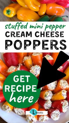 the recipe for stuffed mini pepper cream cheese poppers is shown on a white plate