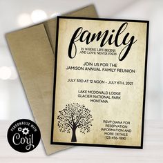 this is an image of a family reunion card with the word family on it and a tree