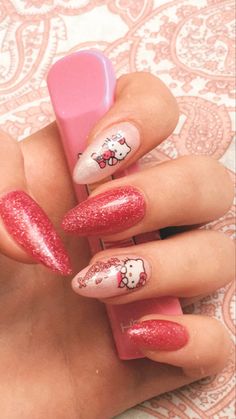 Nails Pink Hello Kitty, Hello Kitty Nails Long, Nail Pink, American Nails, Art Guide, Hot Pink Nails, Shoe Nails