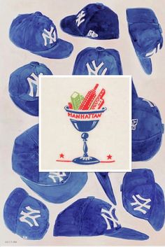 a painting of baseball caps and hats with the words manhattan on them