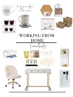 the words working from home surrounded by office supplies and coffee mugs on a white background