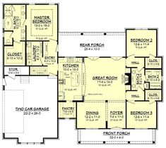 the first floor plan for a house with two master suites and an open concept kitchen