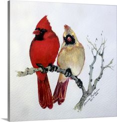 two red birds sitting on top of a tree branch next to each other in watercolor