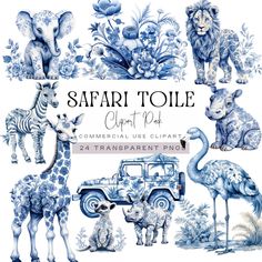 an elephant, giraffe and zebra are depicted in this blue and white illustration