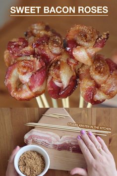 bacon skewers are being served on sticks