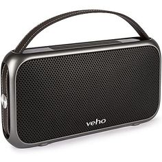 a black and silver portable speaker on a white background with the word veho written in it