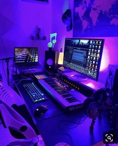 a computer desk with two monitors and keyboards in front of a purple wall, along with headphones